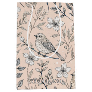 Vintage Peach Songbird Wildflower Pattern Medium Gift Bag