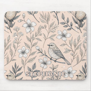 Vintage Peach Songbird Wildflower Pattern Mouse Pad