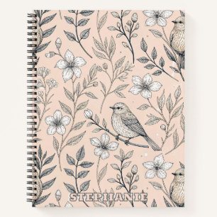 Vintage Peach Songbird Wildflower Pattern Notebook