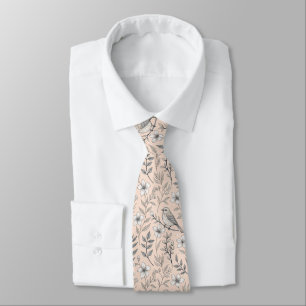 Vintage Peach Songbird Wildflower Pattern Tie