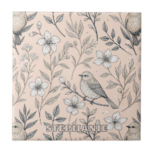 Vintage Peach Songbird Wildflower Pattern Tile