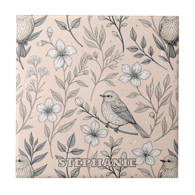 Vintage Peach Songbird Wildflower Pattern Tile (Front)