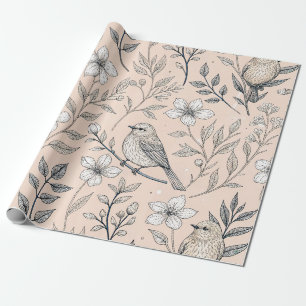 Vintage Peach Songbird Wildflower Pattern Wrapping Paper