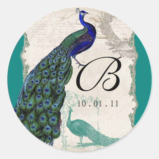 Vintage Peacock 5 - Wedding Seal or Sticker (Front)