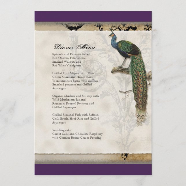 Vintage Peacock 6 - Dinner Menu Card (Front)