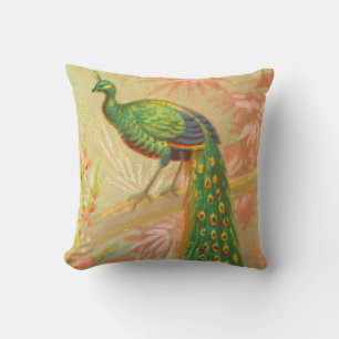 Vintage Peacock and flowers painting Cushion