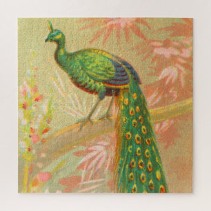 Vintage Peacock and flowers painting Jigsaw Puzzle