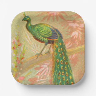 Vintage Peacock and flowers painting Paper Plate
