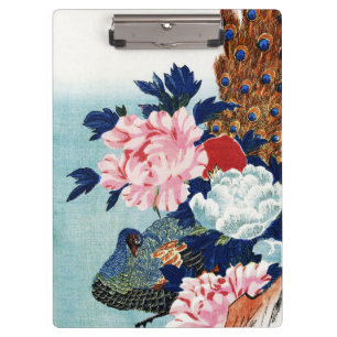 Vintage Peacock and peonies flowers painting Clipboard