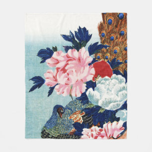 Vintage Peacock and peonies flowers painting Fleece Blanket