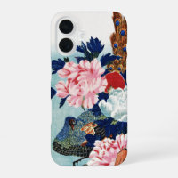 Vintage Peacock and peonies flowers painting