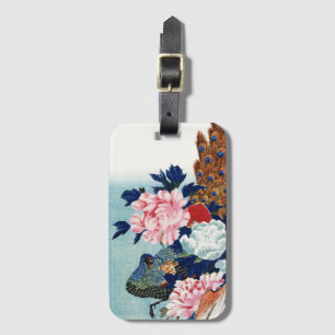 Vintage Peacock and peonies flowers painting Luggage Tag