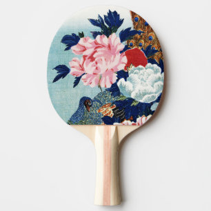 Vintage Peacock and peonies flowers painting Ping Pong Paddle