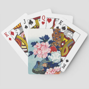 Vintage Peacock and peonies flowers painting Playing Cards