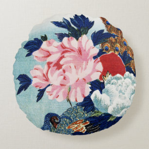 Vintage Peacock and peonies flowers painting Round Cushion
