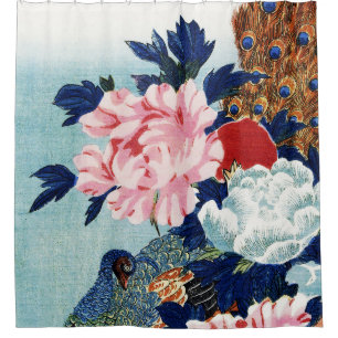 Vintage Peacock and peonies flowers painting Shower Curtain