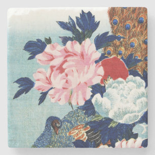Vintage Peacock and peonies flowers painting Stone Coaster