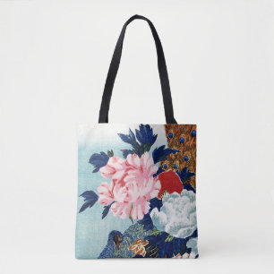 Vintage Peacock and peonies flowers painting Tote Bag