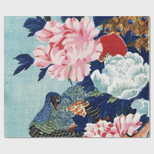 Vintage Peacock and peonies flowers painting Wrapping Paper