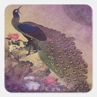 Vintage Peacock and Peonies Japanese Print Square Sticker