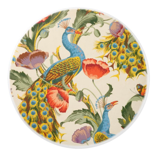 Vintage Peacock and poppies illustrations Ceramic Knob (Front)