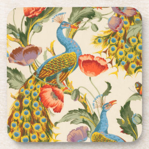 Vintage Peacock and poppies illustrations Coaster