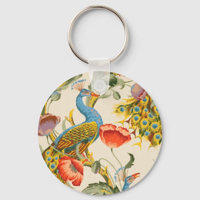 Vintage Peacock and poppies illustrations Key Ring (Front)