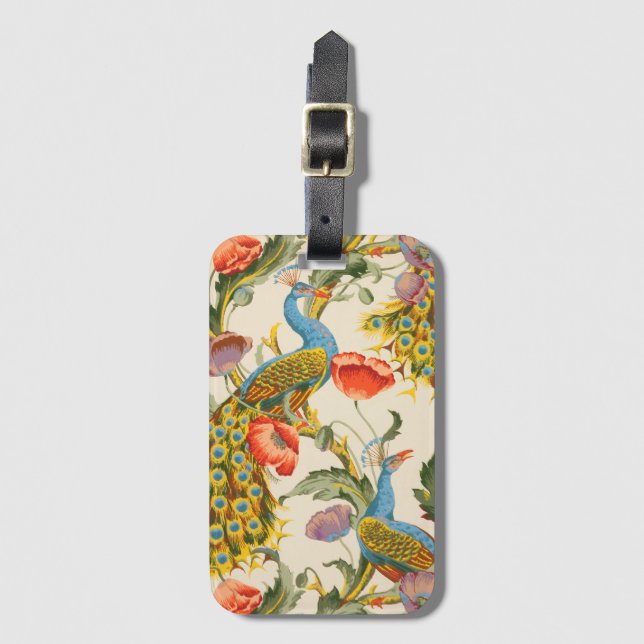 Vintage Peacock and poppies illustrations Luggage Tag (Front Vertical)
