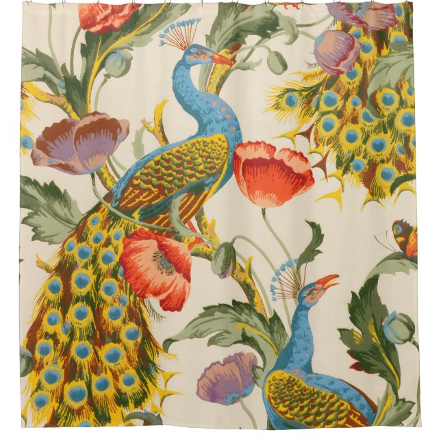Vintage Peacock and poppies illustrations Shower Curtain (Front)