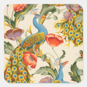 Vintage Peacock and poppies illustrations Square Sticker