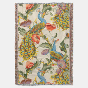 Vintage Peacock and poppies illustrations Throw Blanket