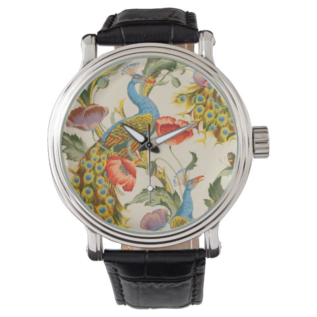 Vintage Peacock and poppies illustrations Watch (Front)