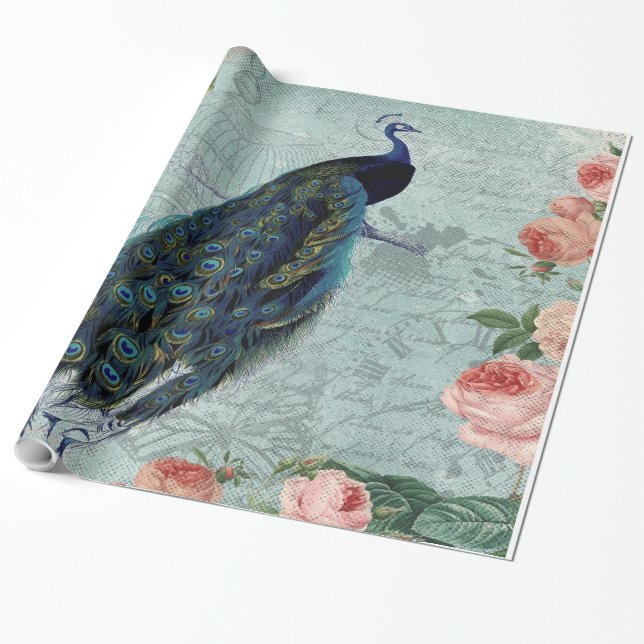Vintage Peacock and Roses Illustration Wrapping Paper (Unrolled)
