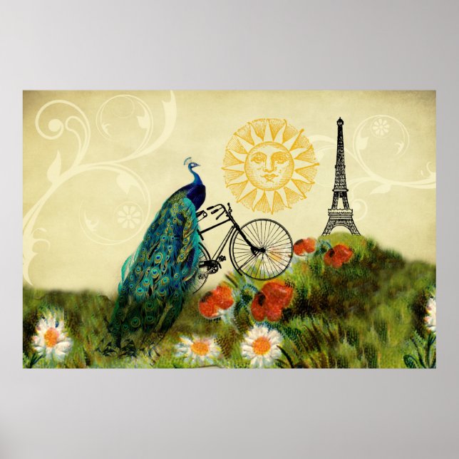 Vintage Peacock Art with Eiffel Tower Poster (Front)