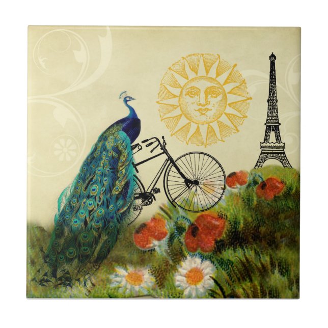 Vintage Peacock Art with Eiffel Tower Tile (Front)