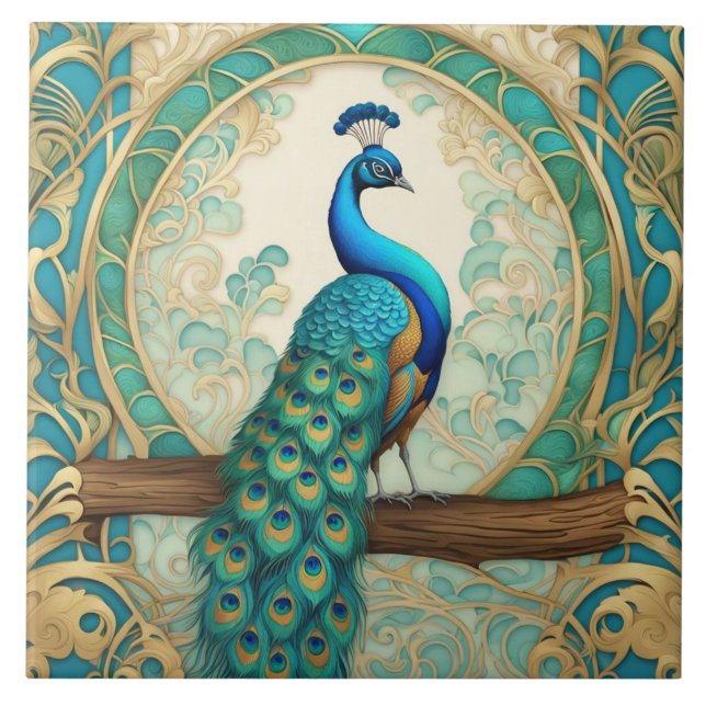 Vintage Peacock Bird Art Nouveau Art Deco Tile (Front)