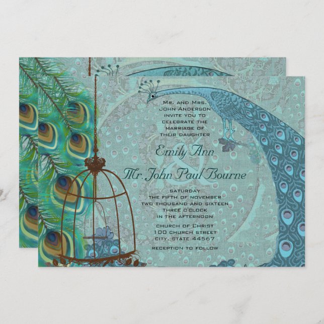 Vintage Peacock Bird Cage Feather Wedding Invite (Front/Back)