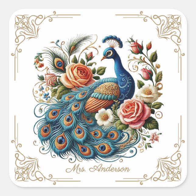 Vintage Peacock Bird Floral Art Square Sticker (Front)