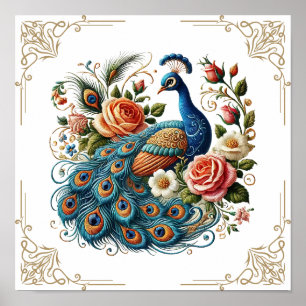 Vintage Peacock Bird Floral  Poster