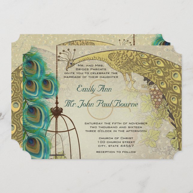 Vintage Peacock Birdcage Feather Wedding Invitation (Front/Back)