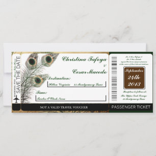 Vintage Peacock Boarding Pass Wedding Invitation