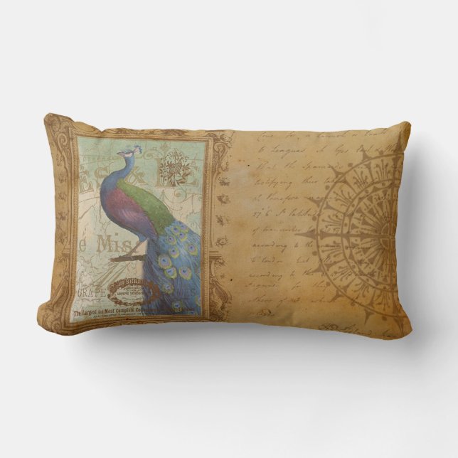 Vintage Peacock Brown Antique Paper Lumbar Pillow (Front)