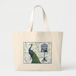 Vintage Peacock & Cage Large Tote Bag