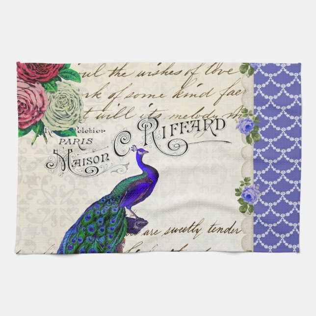 Vintage Peacock Collage Tea Towel (Horizontal)