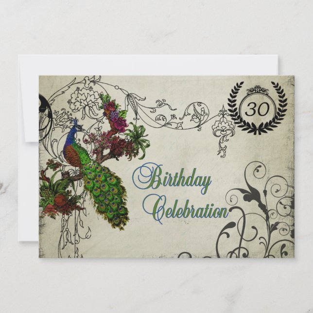 Vintage Peacock Customised Birthday Invitation (Front)