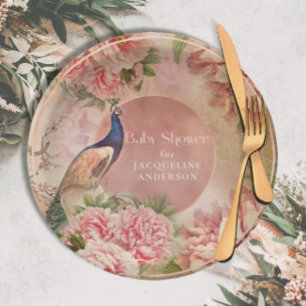 Vintage Peacock Elegant Pink Peony Baby Shower Pap Paper Plate