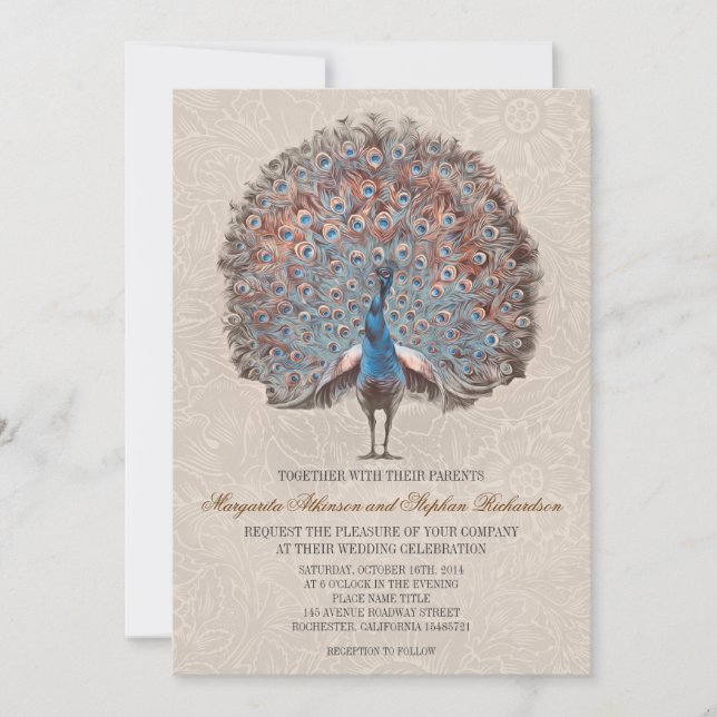 vintage peacock elegant wedding invitations (Front)