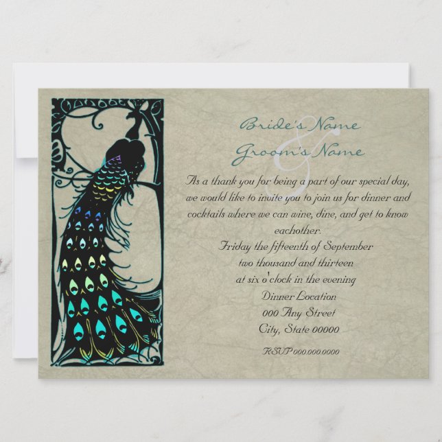 Vintage Peacock Elegant Wedding Rehearsal Dinner Invitation (Front)