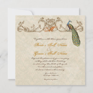 Vintage Peacock & Etchings Burnt Orange Wedding Invitation