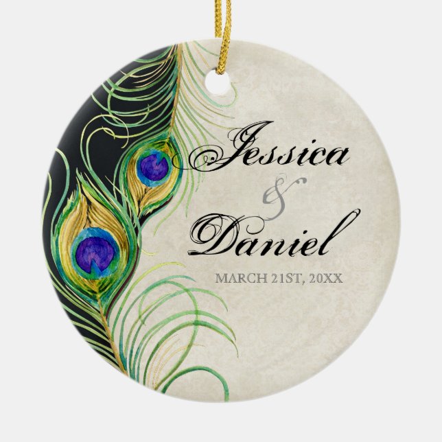 Vintage Peacock & Etchings Christmas Ornament (Front)